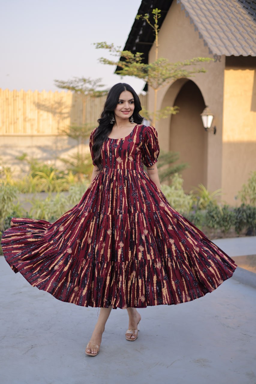 Premium Printed Cotton Flared Kurti with Puff Sleeves for Women

