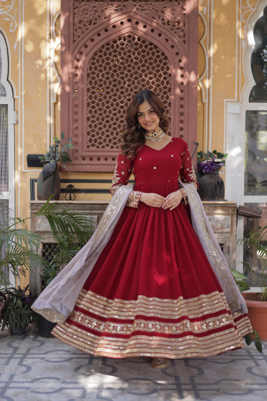 Red Color Premium Faux Blooming with Embroidery Zari Sequins Work Gown
