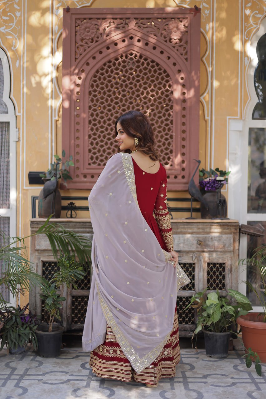 Red Color Premium Faux Blooming with Embroidery Zari Sequins Work Gown
