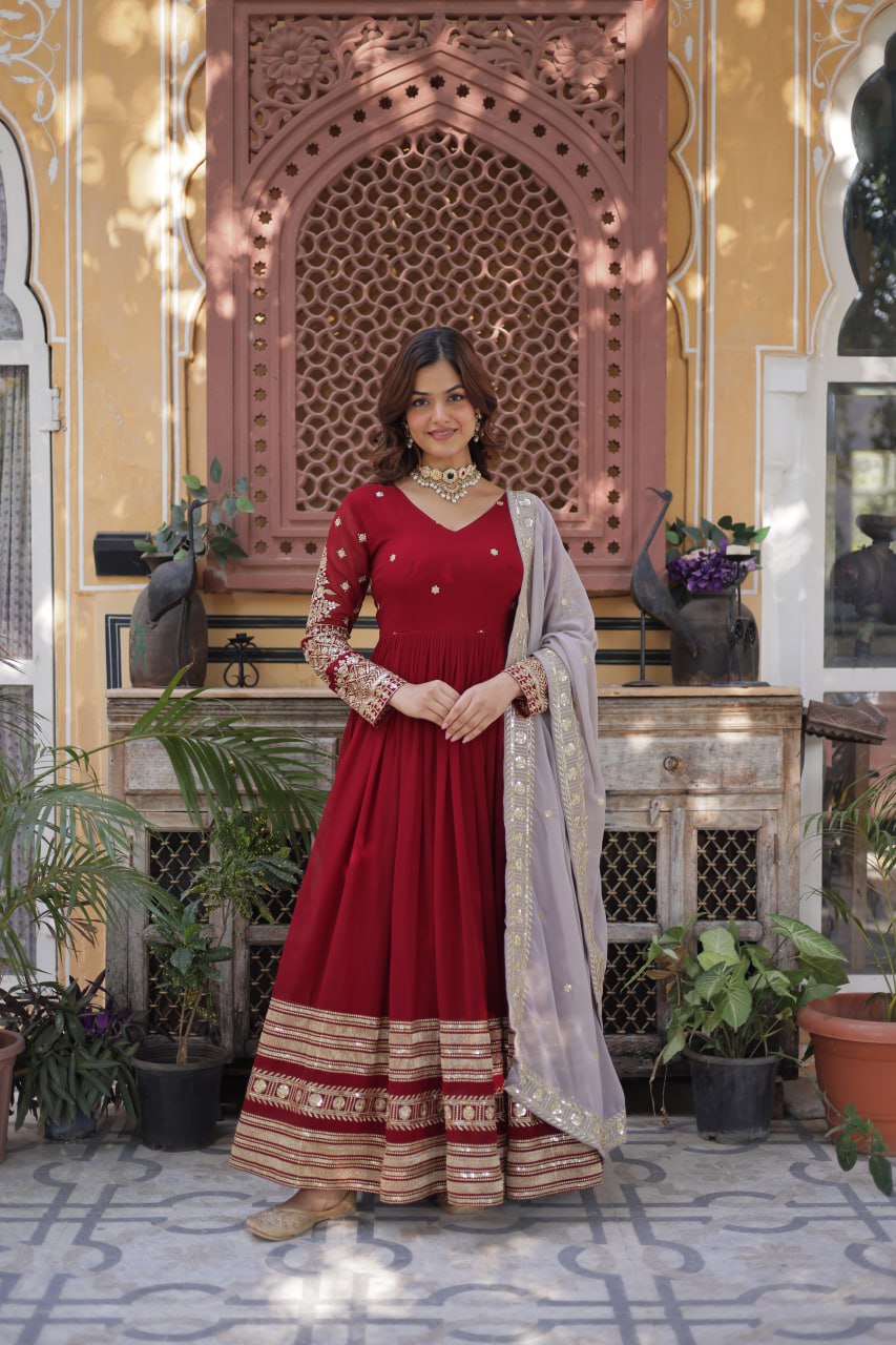 Red Color Premium Faux Blooming with Embroidery Zari Sequins Work Gown
