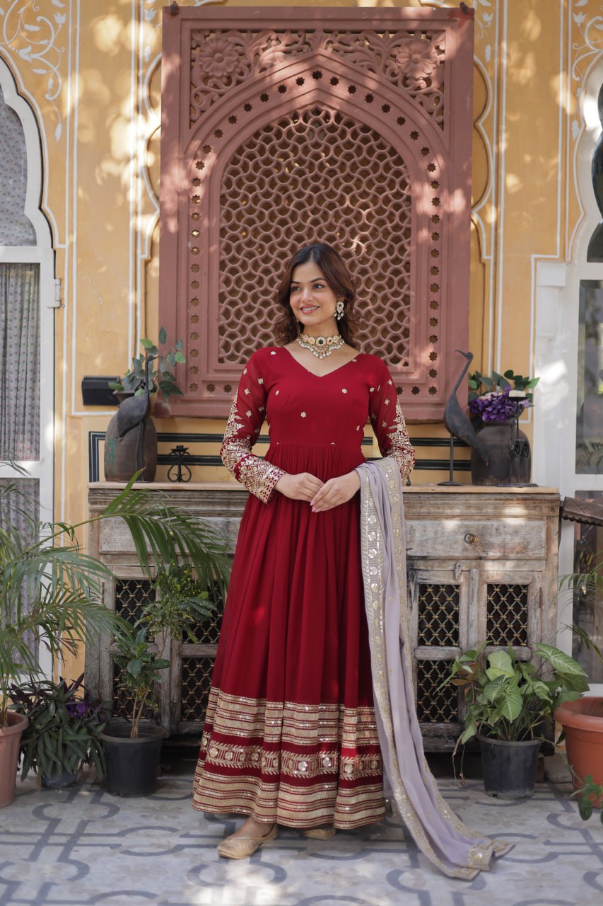 Red Color Premium Faux Blooming with Embroidery Zari Sequins Work Gown
