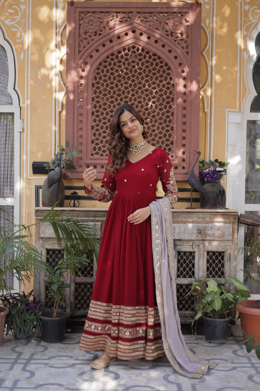 Red Color Premium Faux Blooming with Embroidery Zari Sequins Work Gown
