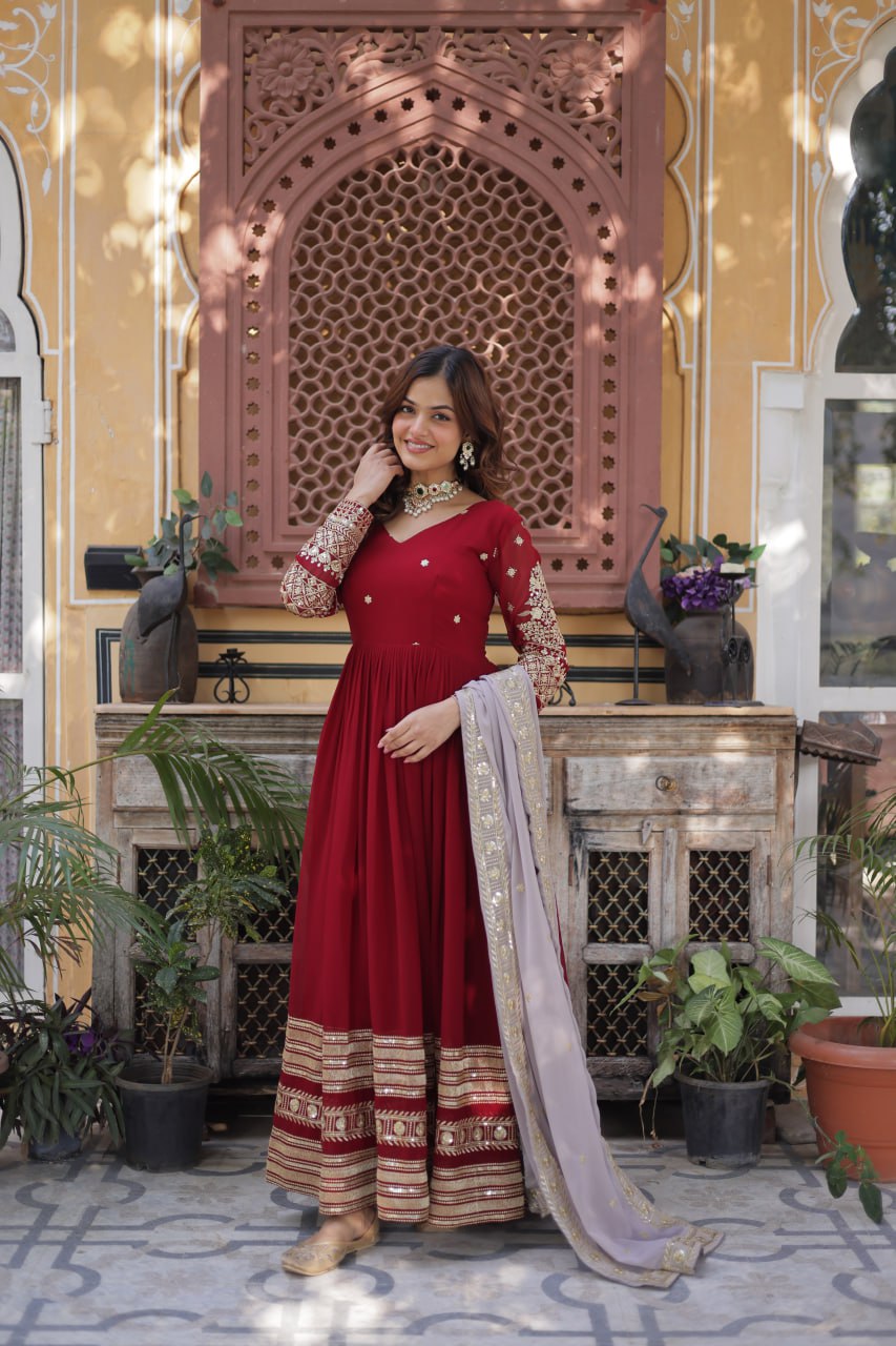 Red Color Premium Faux Blooming with Embroidery Zari Sequins Work Gown
