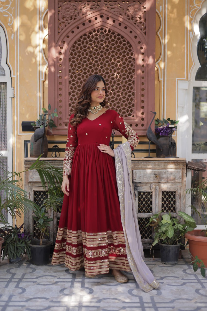 Red Color Premium Faux Blooming with Embroidery Zari Sequins Work Gown
