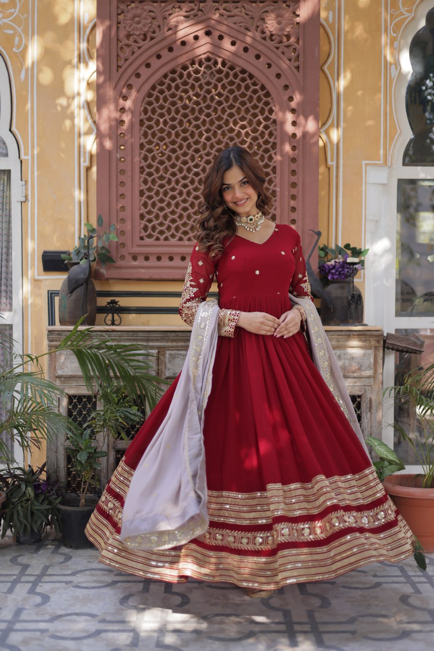 Red Color Premium Faux Blooming with Embroidery Zari Sequins Work Gown

