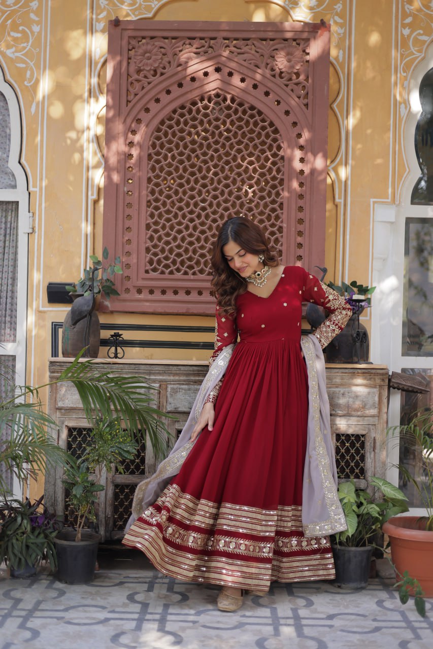 Red Color Premium Faux Blooming with Embroidery Zari Sequins Work Gown

