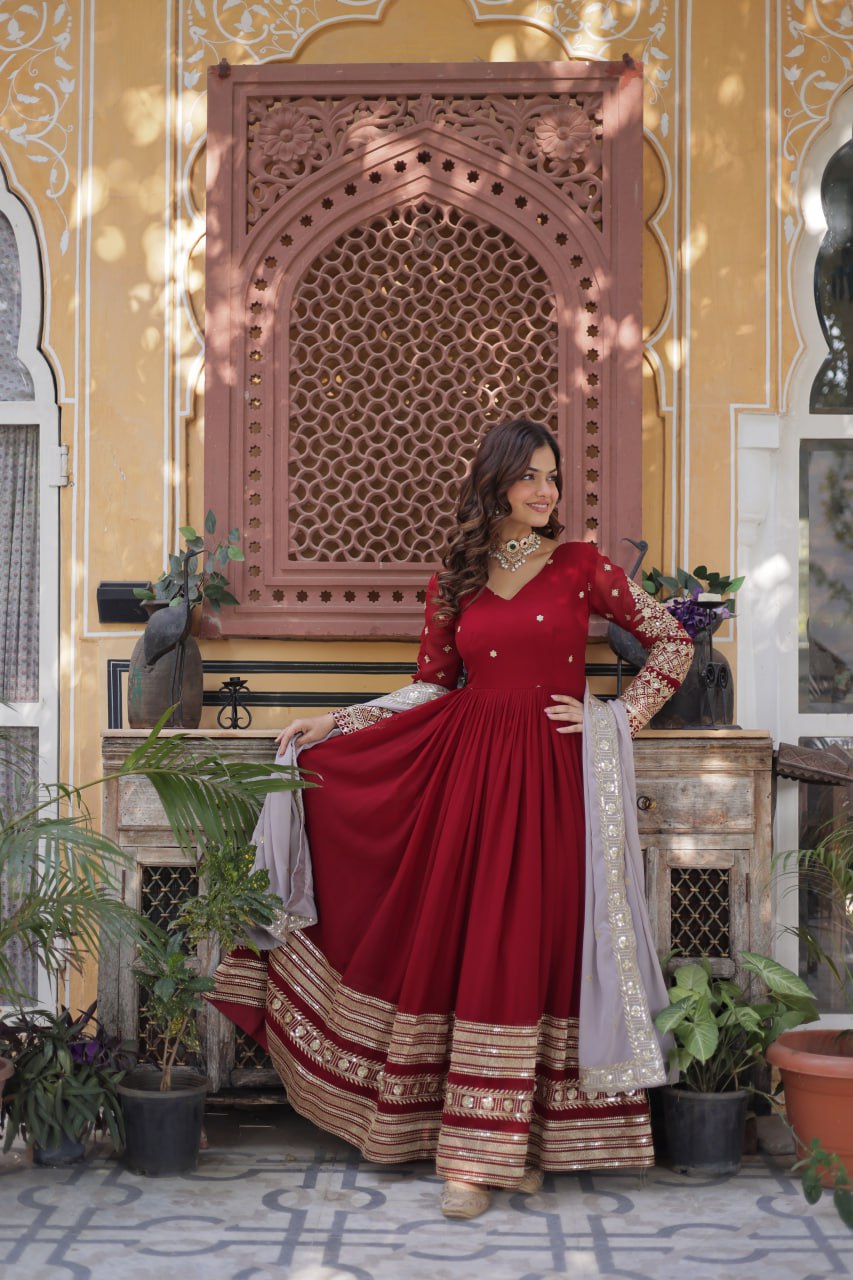 Red Color Premium Faux Blooming with Embroidery Zari Sequins Work Gown
