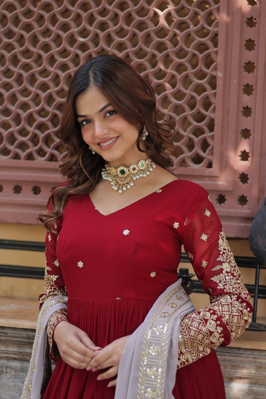 Red Color Premium Faux Blooming with Embroidery Zari Sequins Work Gown
