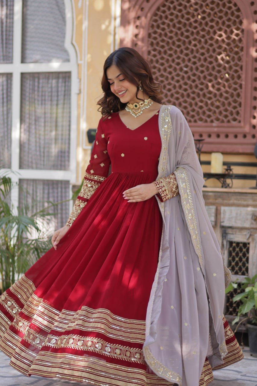 Red Color Premium Faux Blooming with Embroidery Zari Sequins Work Gown
