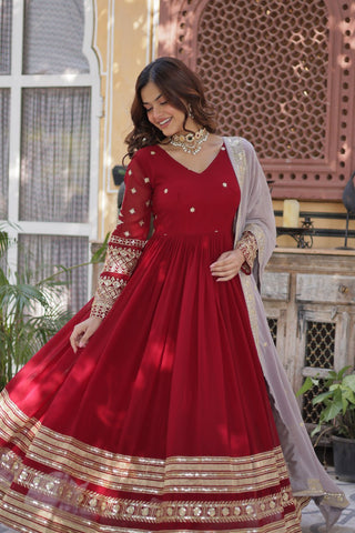 Red Color Premium Faux Blooming with Embroidery Zari Sequins Work Gown

