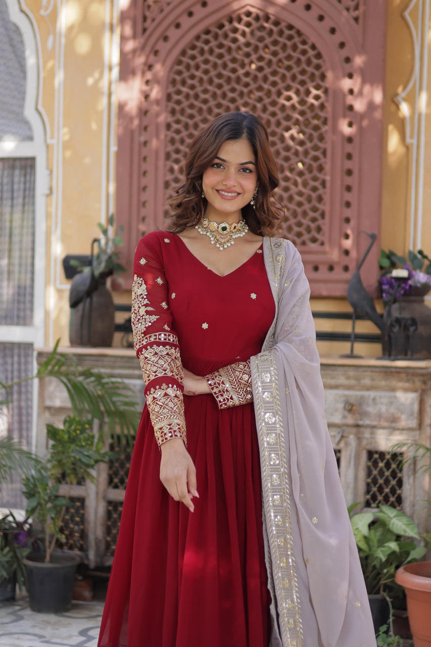 Red Color Premium Faux Blooming with Embroidery Zari Sequins Work Gown
