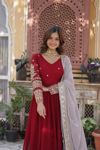 Red Color Premium Faux Blooming with Embroidery Zari Sequins Work Gown
