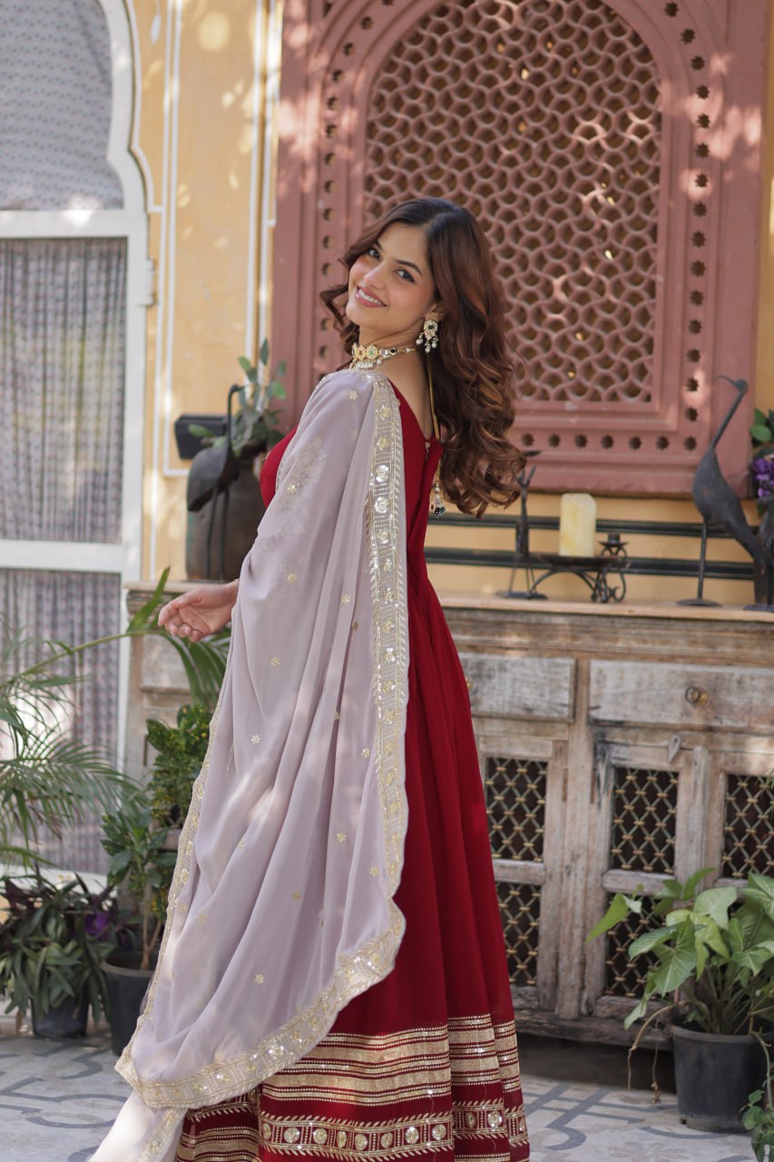 Red Color Premium Faux Blooming with Embroidery Zari Sequins Work Gown
