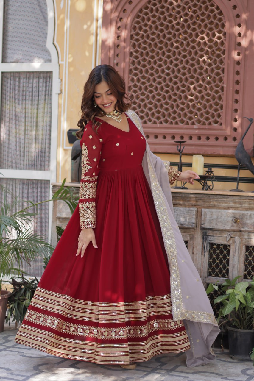 Red Color Premium Faux Blooming with Embroidery Zari Sequins Work Gown
