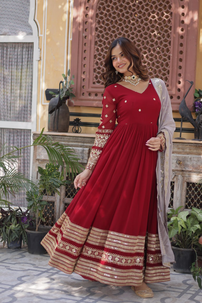 Red Color Premium Faux Blooming with Embroidery Zari Sequins Work Gown

