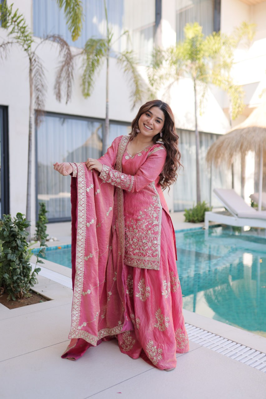 Premium Fendi Crush Zari Sequins Sharara Set With Dupatta
