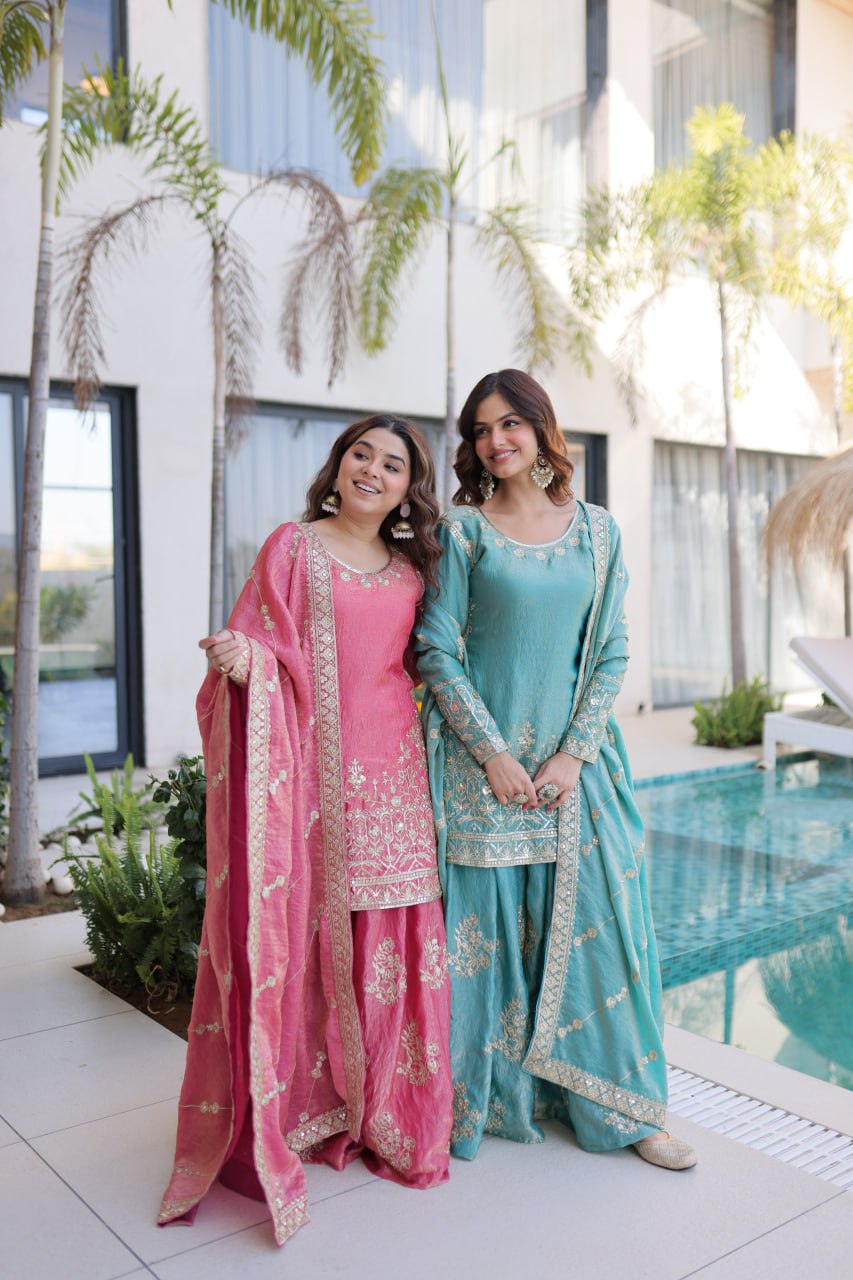 Premium Fendi Crush Zari Sequins Sharara Set With Dupatta
