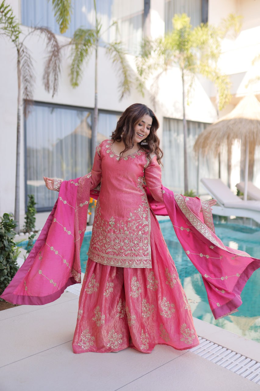 Premium Fendi Crush Zari Sequins Sharara Set With Dupatta
