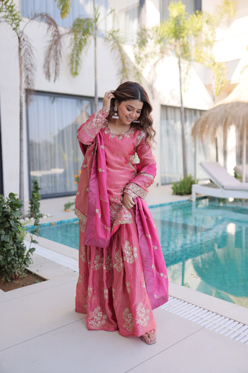 Premium Fendi Crush Zari Sequins Sharara Set With Dupatta
