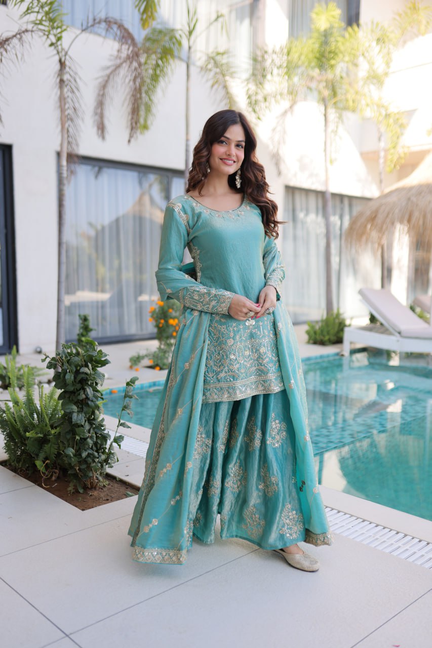 Premium Fendi Crush Zari Sequins Sharara Set With Dupatta
