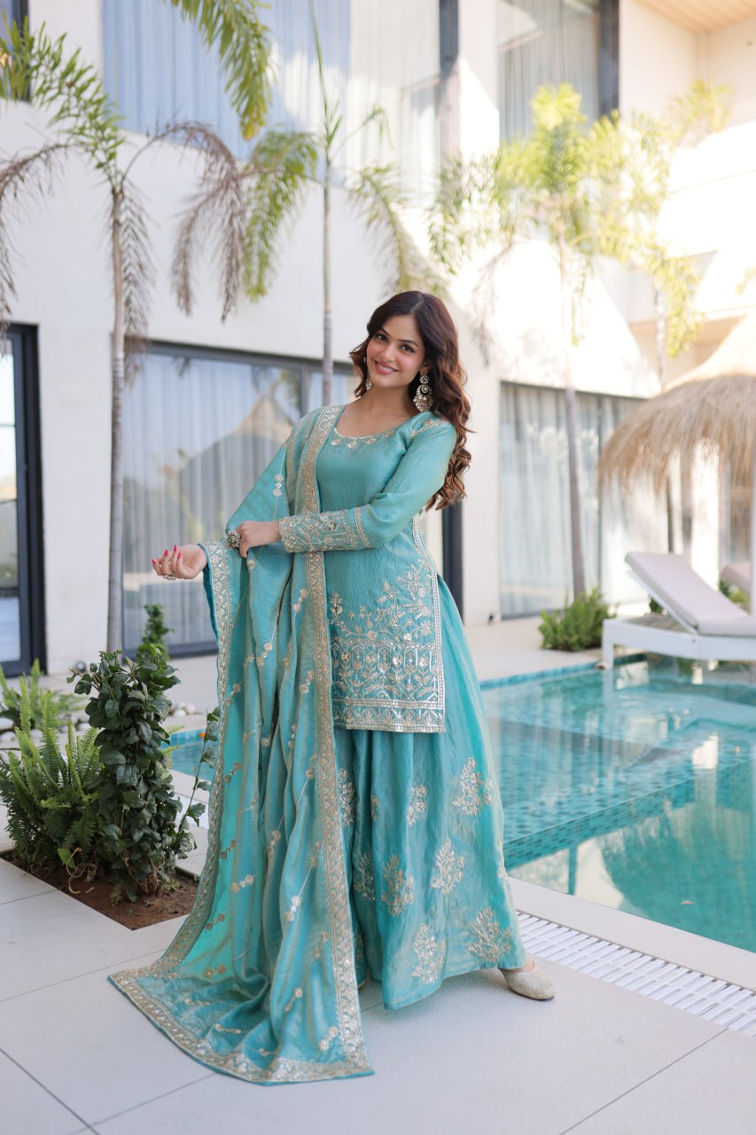Premium Fendi Crush Zari Sequins Sharara Set With Dupatta
