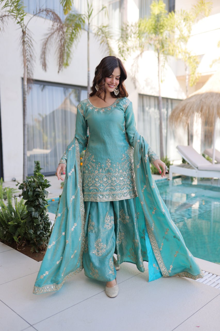 Premium Fendi Crush Zari Sequins Sharara Set With Dupatta
