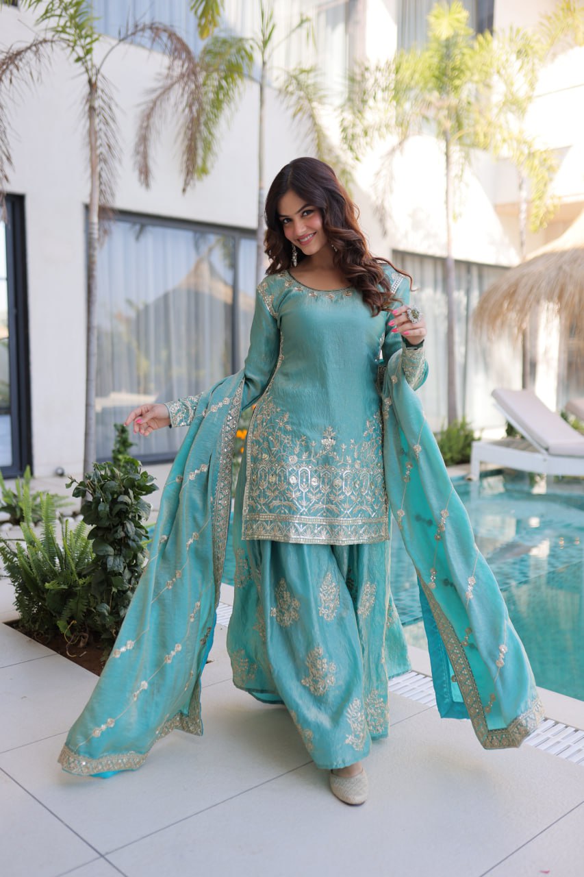 Premium Fendi Crush Zari Sequins Sharara Set With Dupatta
