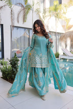 Premium Fendi Crush Zari Sequins Sharara Set With Dupatta
