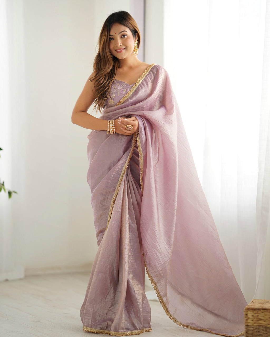 Ready To Wear Pre Draped Ready To Wear Saree With Full Stitched Blouse Premium Gold Crush Tissue Silk Fabric -Light Dusty Mauve
