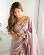 Ready To Wear Pre Draped Ready To Wear Saree With Full Stitched Blouse Premium Gold Crush Tissue Silk Fabric -Light Dusty Mauve
