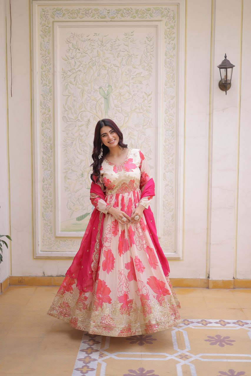 Premium Off White Readymade Gown With Red Dupatta Set
