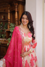 Premium Off White Readymade Gown With Red Dupatta Set
