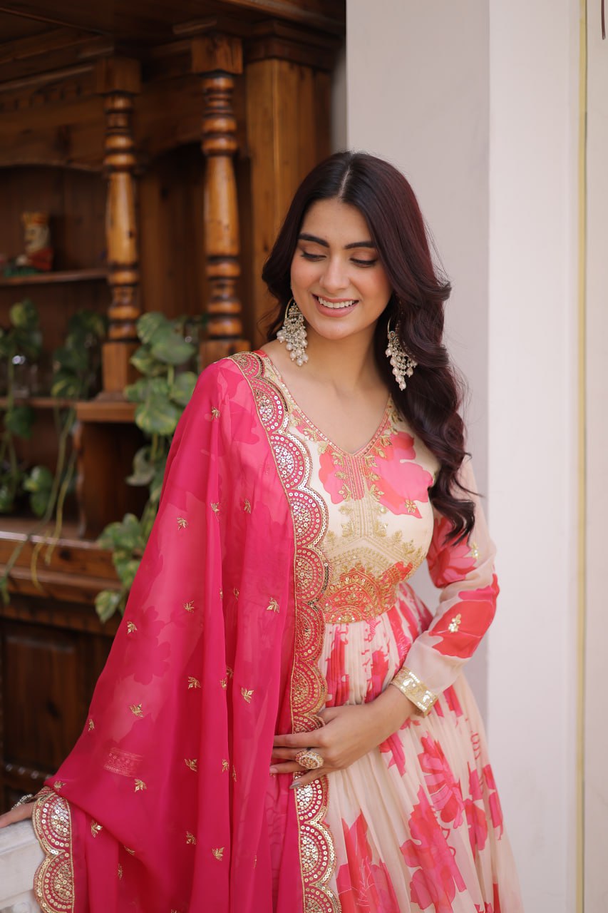 Premium Off White Readymade Gown With Red Dupatta Set
