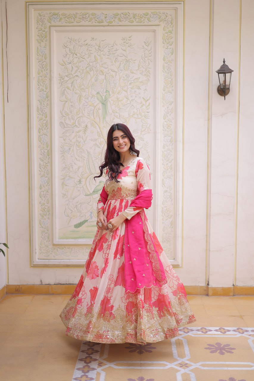 Premium Off White Readymade Gown With Red Dupatta Set
