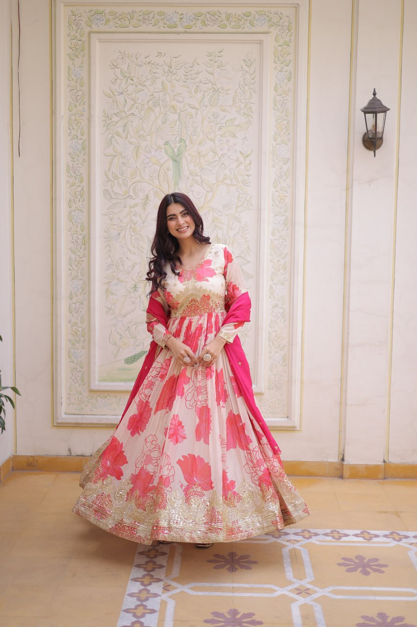 Premium Off White Readymade Gown With Red Dupatta Set
