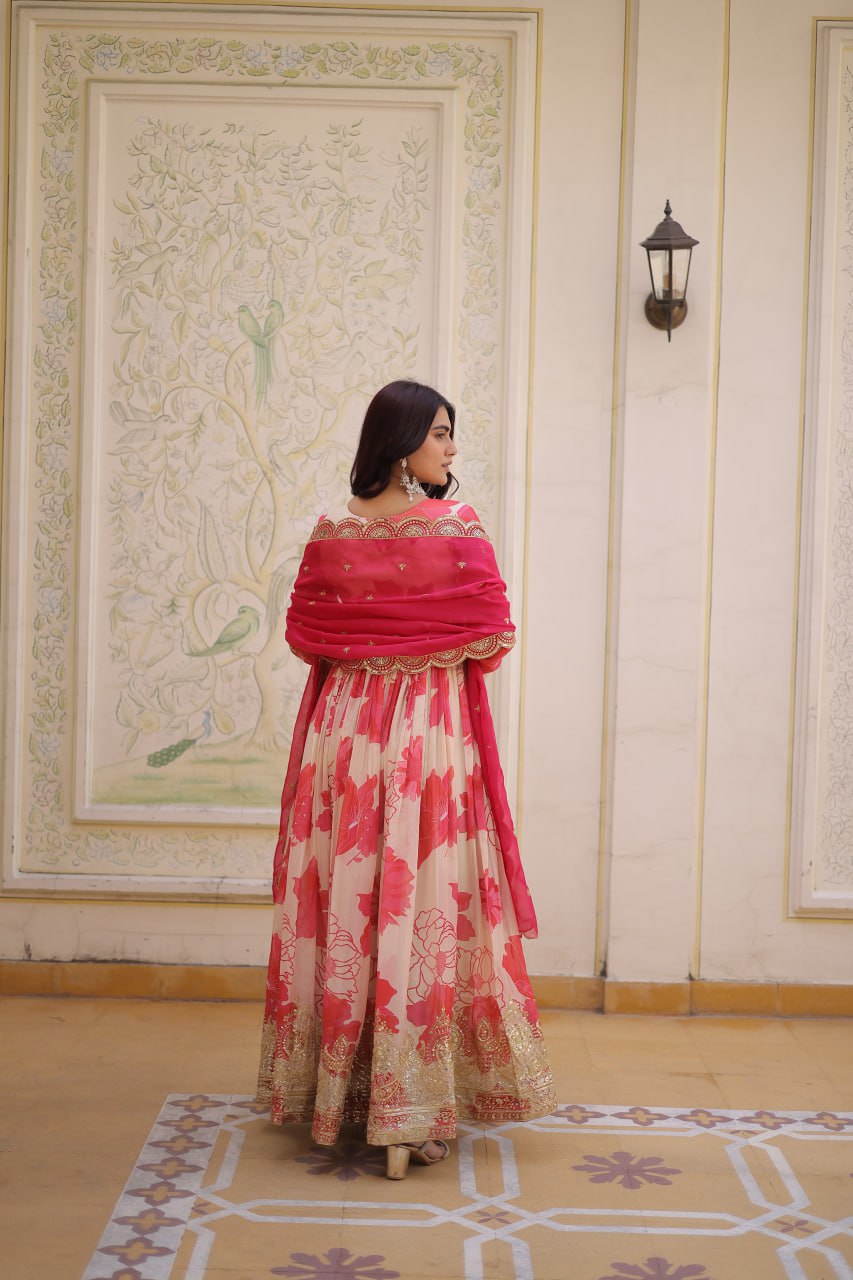 Premium Off White Readymade Gown With Red Dupatta Set
