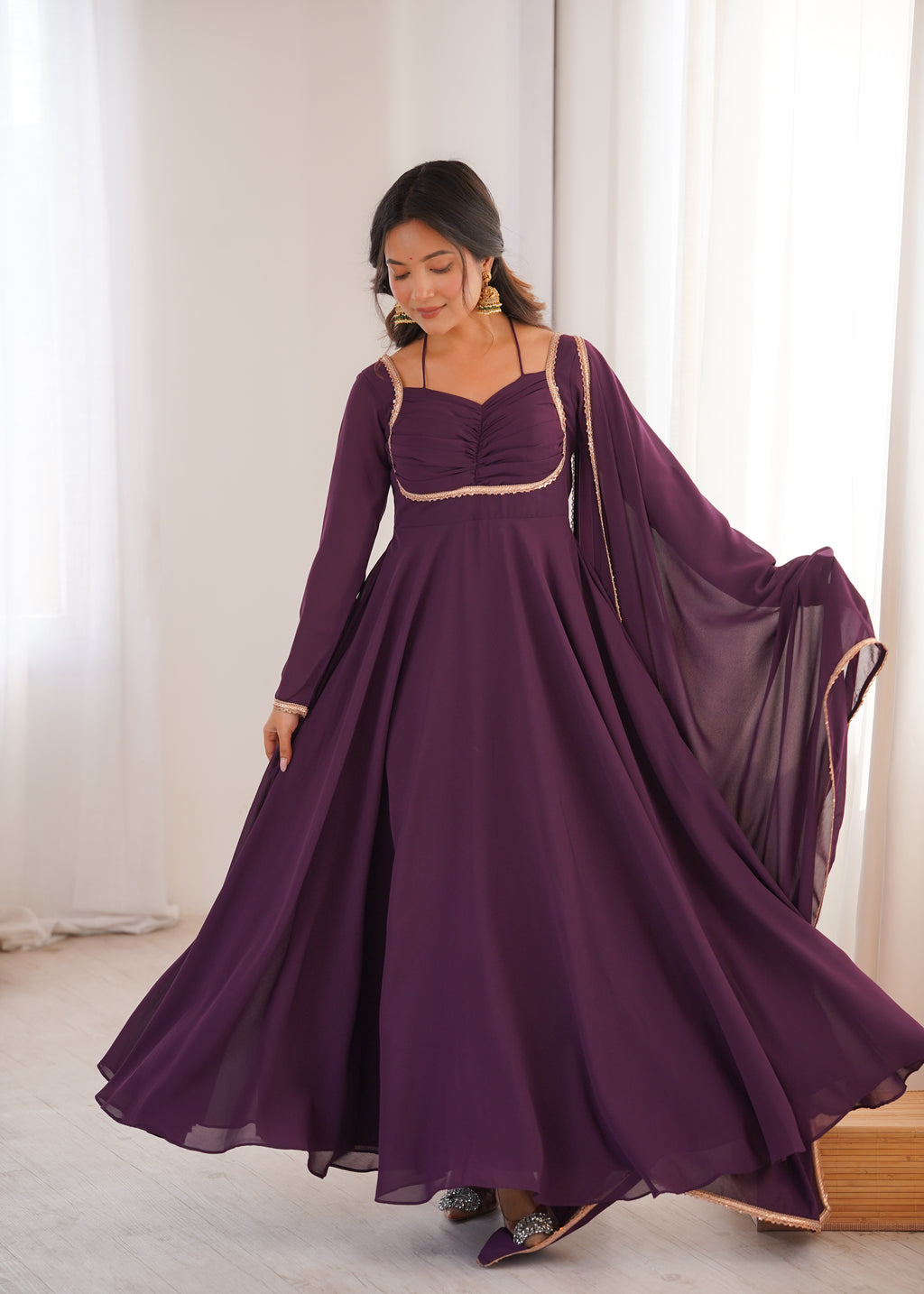 Premium Georgette Purple Anarkali Gown with Dupatta Set
