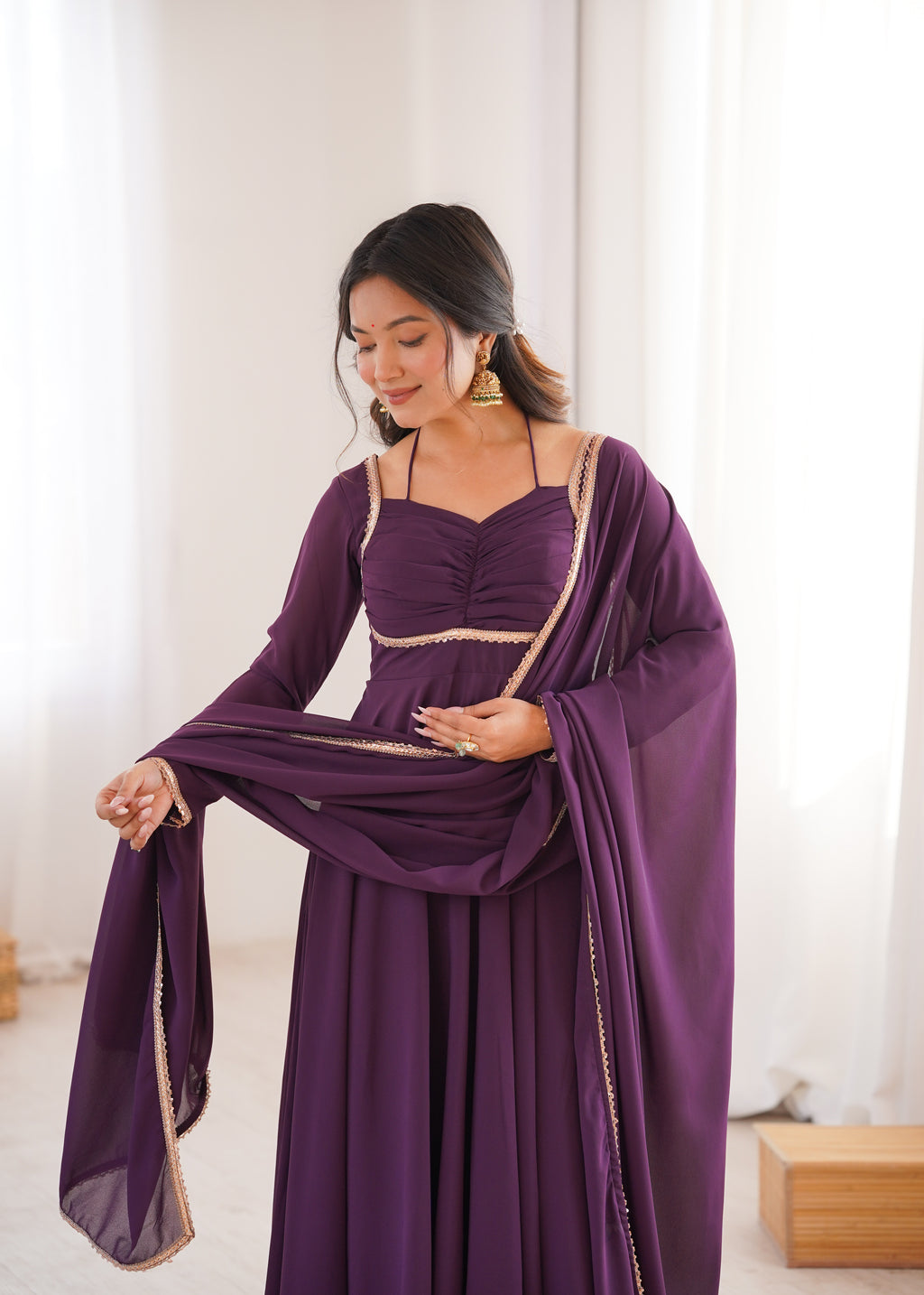 Premium Georgette Purple Anarkali Gown with Dupatta Set
