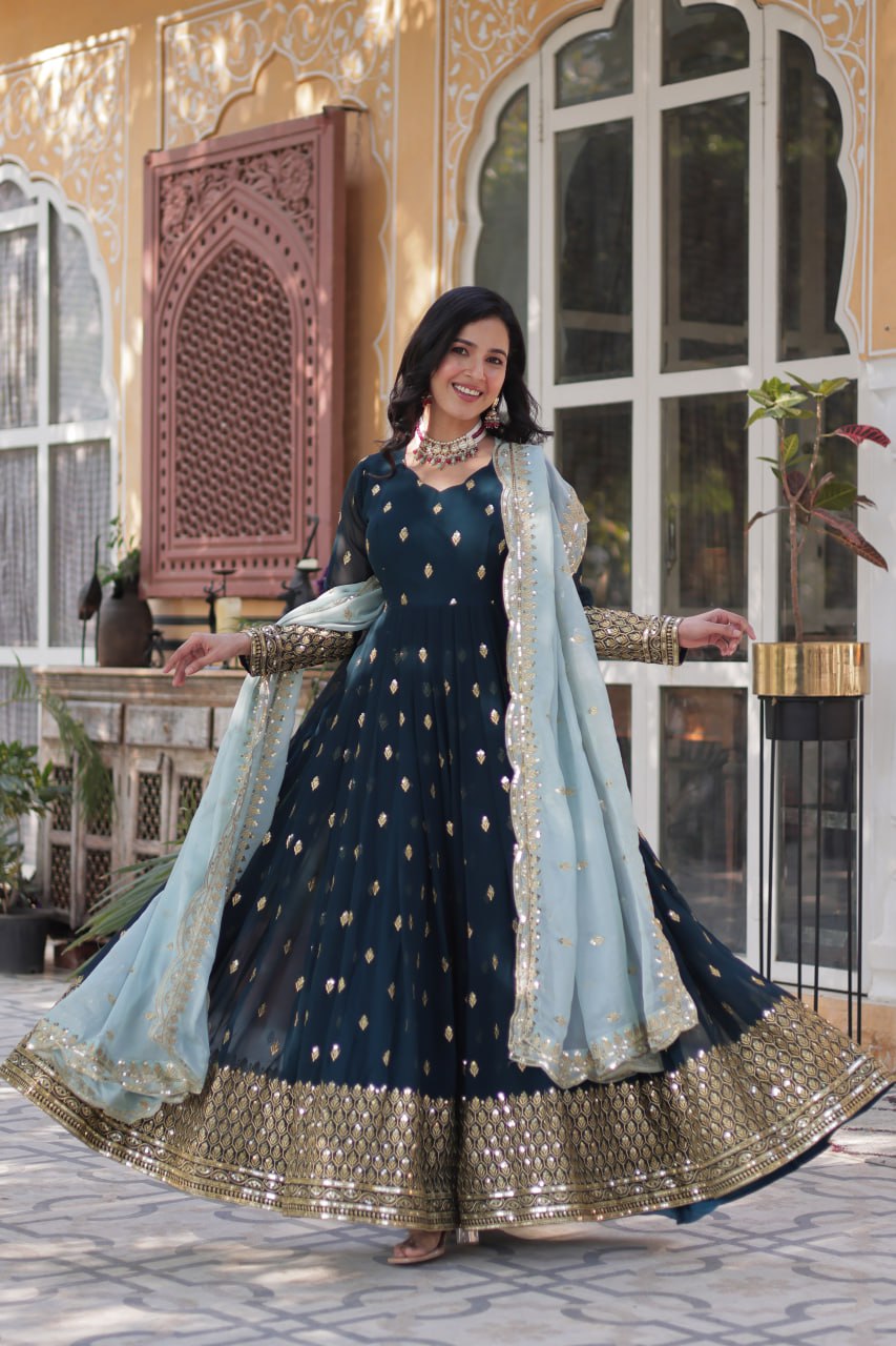 Rama Color Faux Blooming with Embroidery Zari Sequins work Gown
