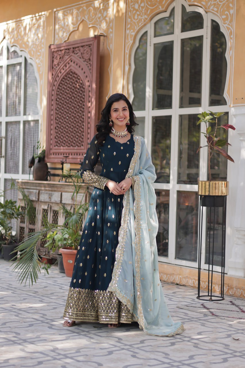 Rama Color Faux Blooming with Embroidery Zari Sequins work Gown

