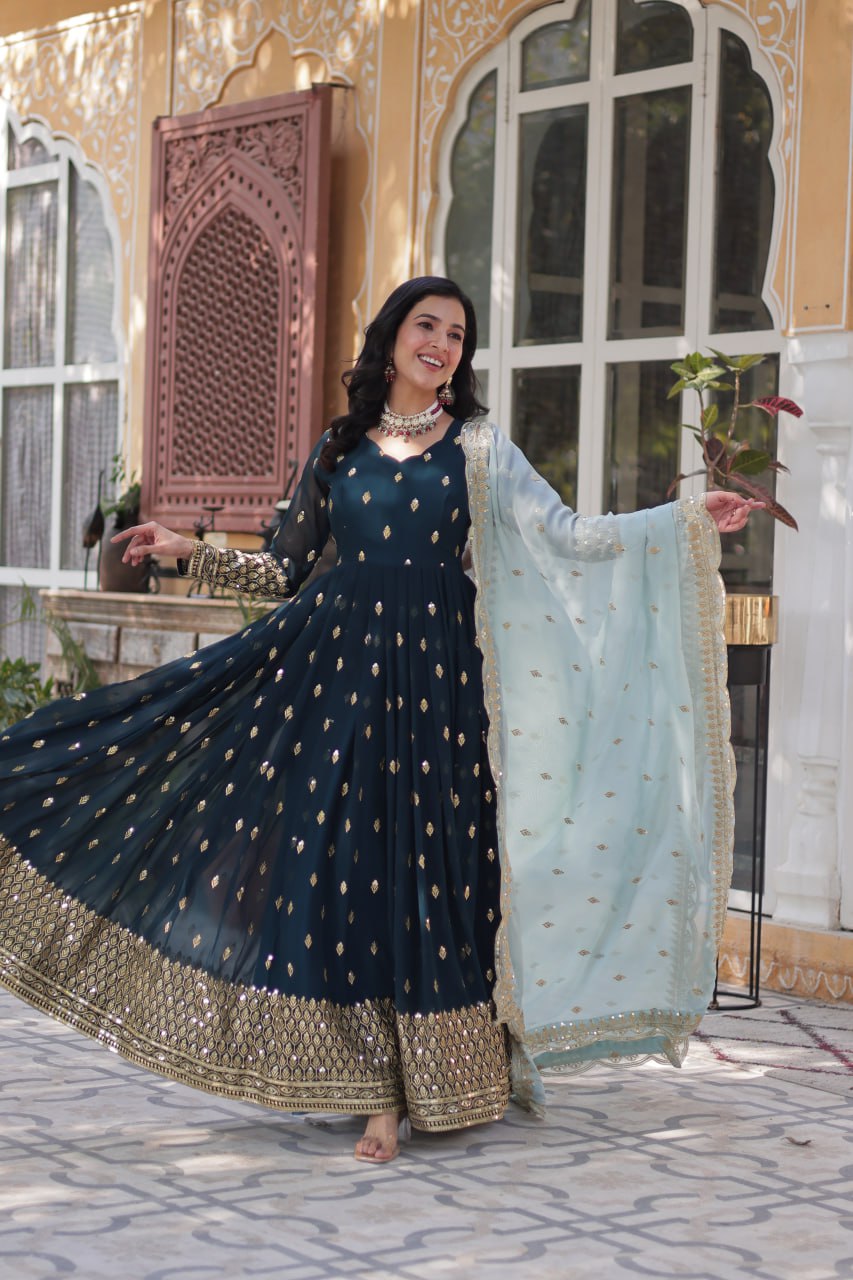 Rama Color Faux Blooming with Embroidery Zari Sequins work Gown
