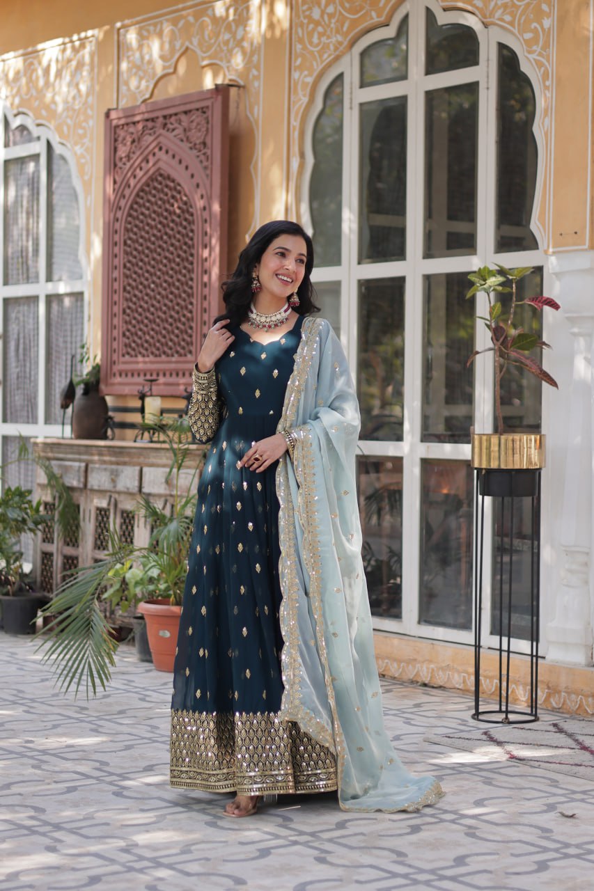 Rama Color Faux Blooming with Embroidery Zari Sequins work Gown
