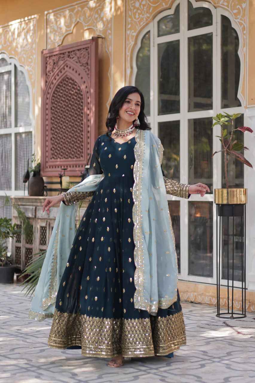 Rama Color Faux Blooming with Embroidery Zari Sequins work Gown
