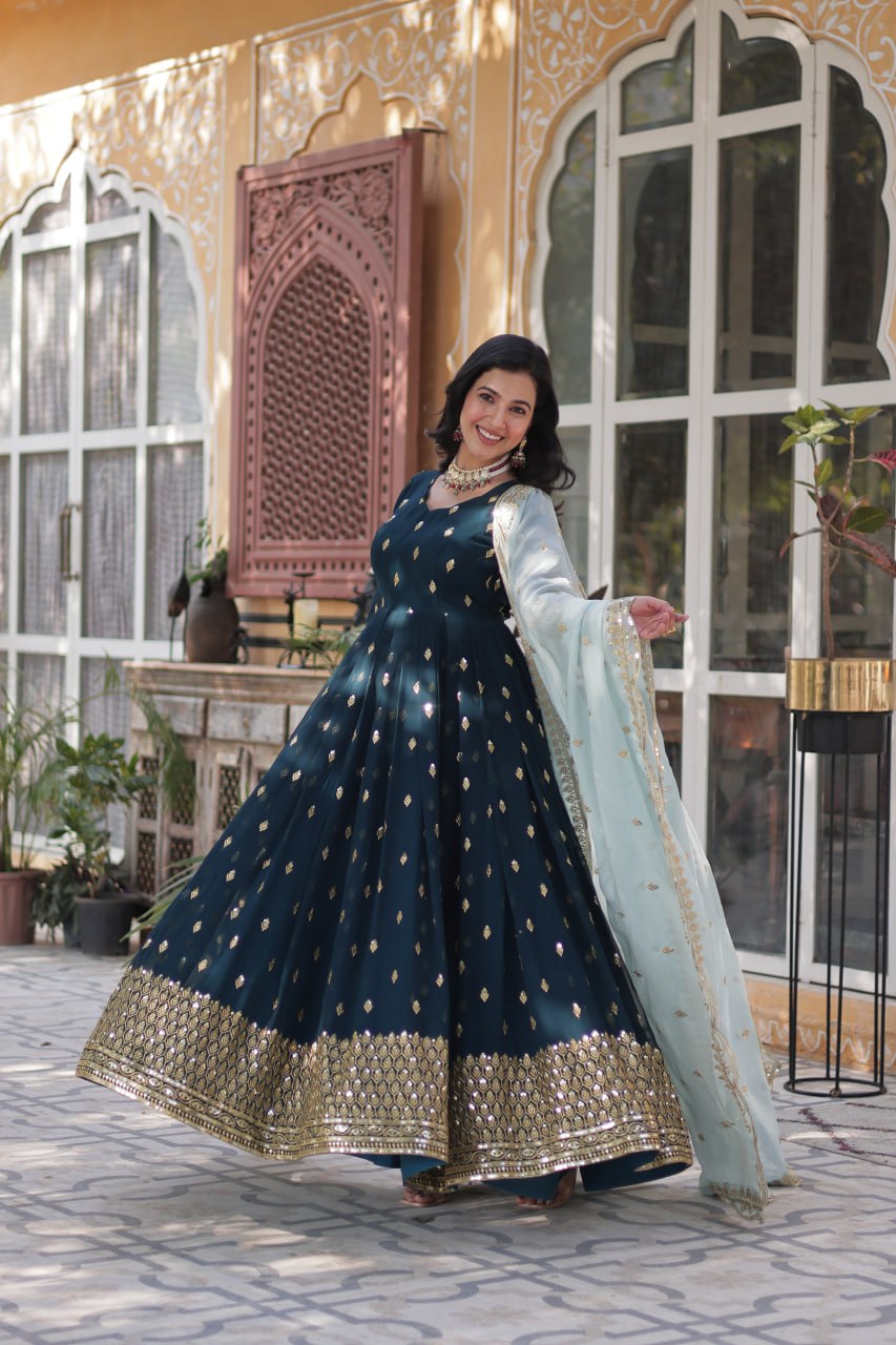 Rama Color Faux Blooming with Embroidery Zari Sequins work Gown
