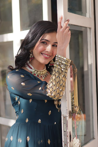 Rama Color Faux Blooming with Embroidery Zari Sequins work Gown
