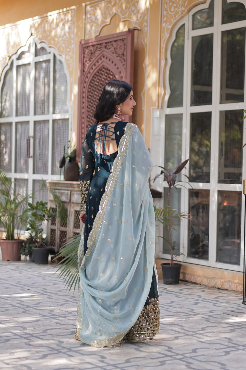 Rama Color Faux Blooming with Embroidery Zari Sequins work Gown
