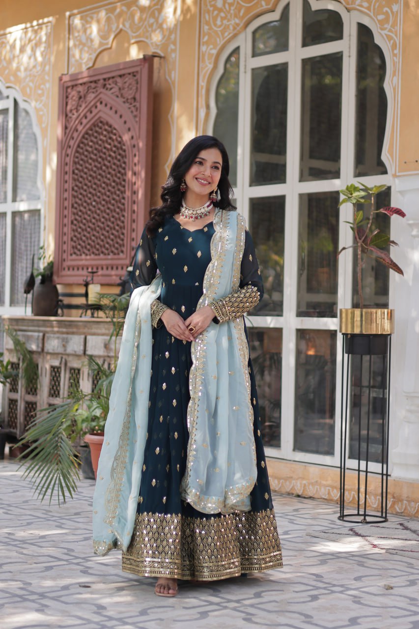 Rama Color Faux Blooming with Embroidery Zari Sequins work Gown
