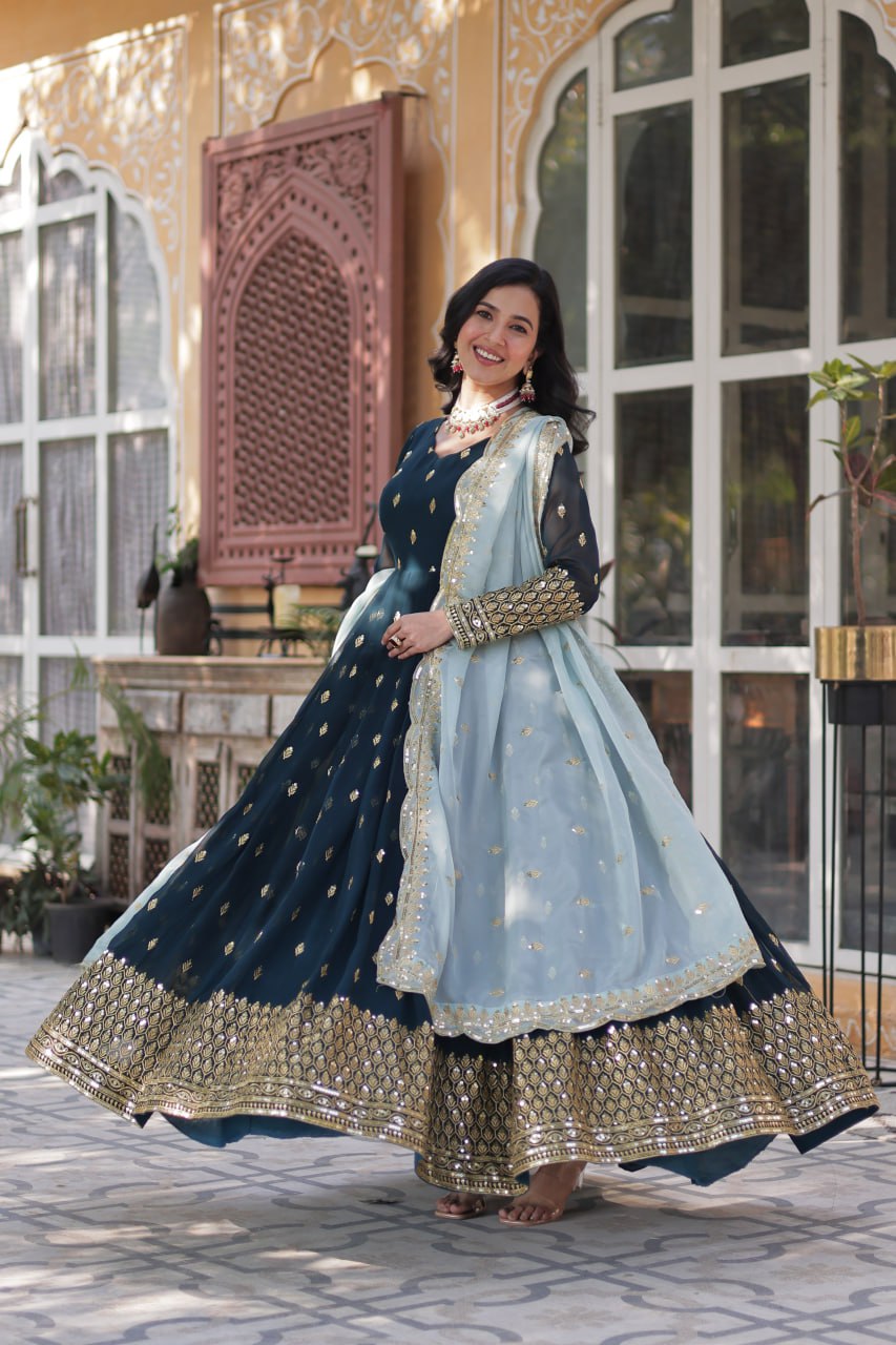 Rama Color Faux Blooming with Embroidery Zari Sequins work Gown
