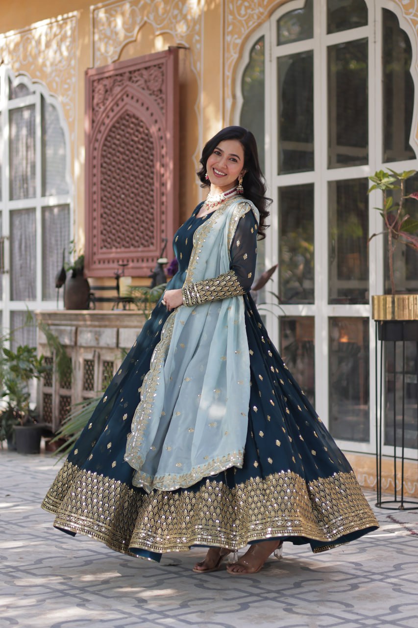 Rama Color Faux Blooming with Embroidery Zari Sequins work Gown
