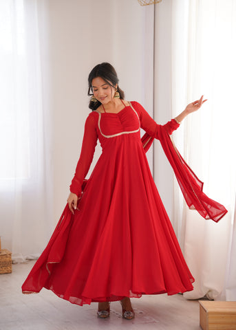Premium Georgette Red Anarkali Gown with Dupatta
